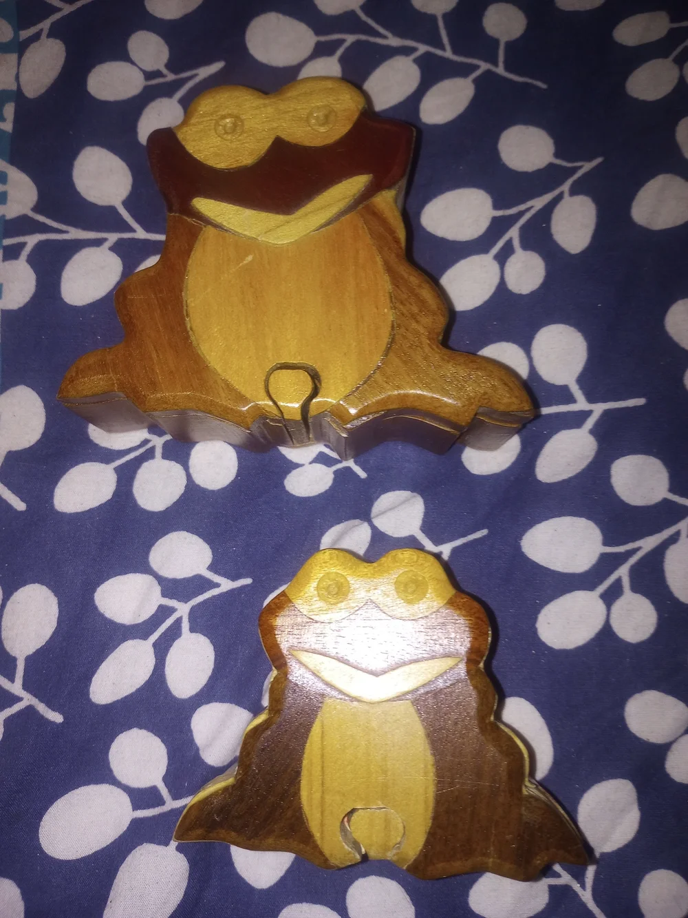 Two Handmade Puzzle Wooden Frog Trinket Boxes